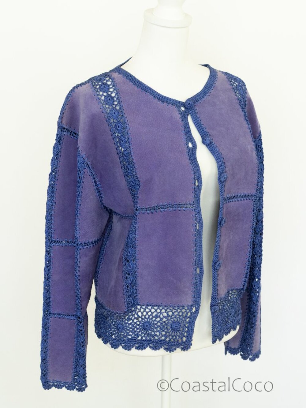 Vintage S.M.H Suede & Crochet Jacket XL Petite Purple Patchwork Artisan Leather